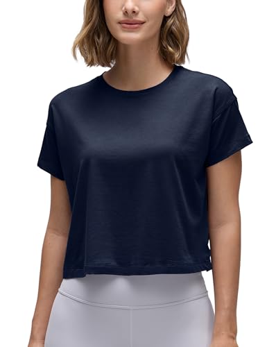 CRZ YOGA Damen Kurzarm Sport Tshirt Loose Baumwolle Fitness Crop Top Sommer Gym Workout Cropped Oberteile Marine 42 von CRZ YOGA