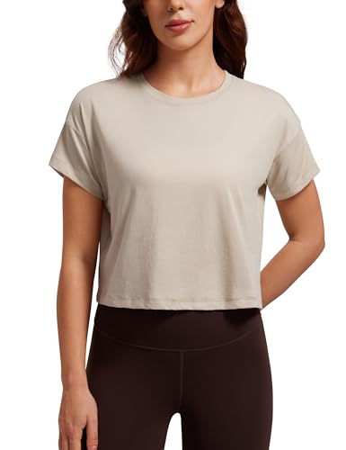 CRZ YOGA Damen Kurzarm Sport Tshirt Loose Baumwolle Fitness Crop Top Sommer Gym Workout Cropped Oberteile Mojave-Braun 36 von CRZ YOGA