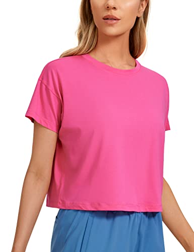 CRZ YOGA Damen Kurzarm Sport Tshirt Loose Baumwolle Fitness Crop Top Sommer Gym Workout Cropped Oberteile Schallrosa 40 von CRZ YOGA