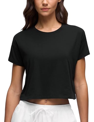 CRZ YOGA Damen Kurzarm Sport Tshirt Loose Baumwolle Fitness Crop Top Sommer Gym Workout Cropped Oberteile Schwarz 36 von CRZ YOGA