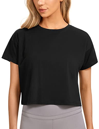 CRZ YOGA Damen Kurzarm Sport Tshirt Loose Baumwolle Fitness Crop Top Sommer Gym Workout Cropped Oberteile Schwarz 38 von CRZ YOGA