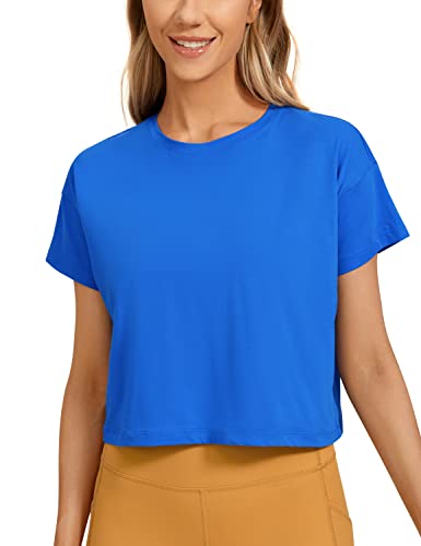 CRZ YOGA Damen Kurzarm Sport Tshirt Loose Baumwolle Fitness Crop Top Sommer Gym Workout Cropped Oberteile Starkes Blau 38 von CRZ YOGA