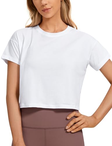 CRZ YOGA Damen Kurzarm Sport Tshirt Loose Baumwolle Fitness Crop Top Sommer Gym Workout Cropped Oberteile Weiss 40 von CRZ YOGA