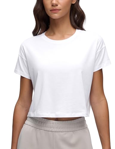CRZ YOGA Damen Kurzarm Sport Tshirt Loose Baumwolle Fitness Crop Top Sommer Gym Workout Cropped Oberteile Weiss 42 von CRZ YOGA