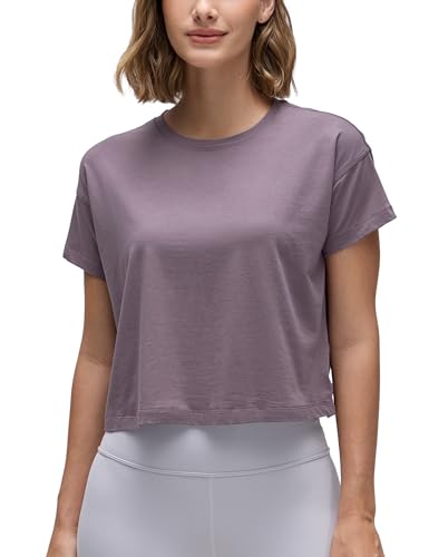 CRZ YOGA Damen Kurzarm Sport Tshirt Loose Baumwolle Fitness Crop Top Sommer Gym Workout Cropped Oberteile lila grau 38 von CRZ YOGA
