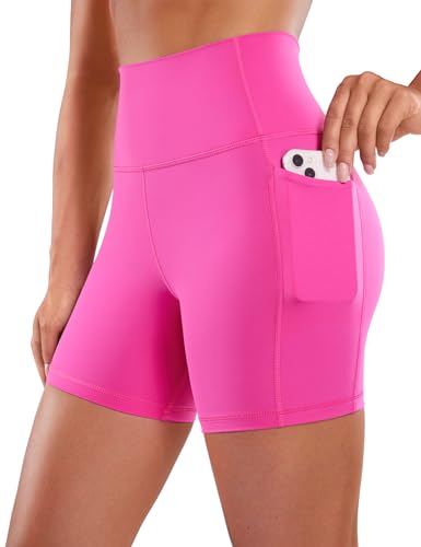 CRZ YOGA Naked Feeling Damen Kurze Leggings High Waist Radlerhose Yoga Fitness Sporthose mit Taschen - 13cm Hibiskus-Purpur 40 von CRZ YOGA