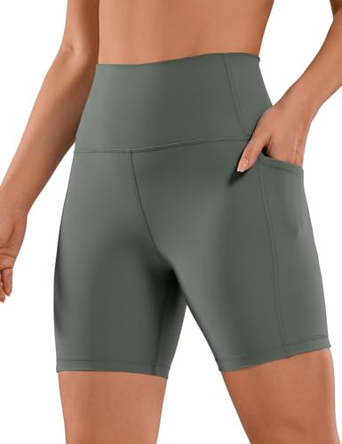 CRZ YOGA Naked Feeling Damen Kurze Leggings High Waist Radlerhose Yoga Fitness Sporthose mit Taschen - 15cm Grauer Salbei 38 von CRZ YOGA