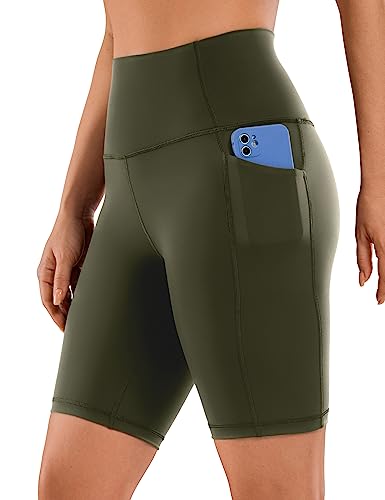 CRZ YOGA Naked Feeling Damen Kurze Leggings High Waist Radlerhose Yoga Fitness Sporthose mit Taschen - 20cm Olivgrun 38 von CRZ YOGA