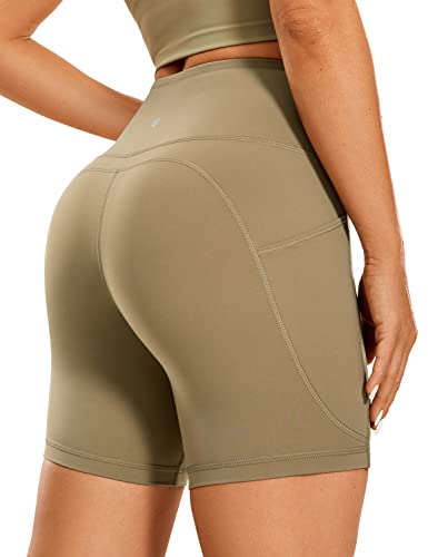 CRZ YOGA Gebürstetes Gefühl Damen Kurze Leggings Sporthose Radlerhose High Waist Matt Kurze Hose mit Taschen - 15cm Khaki Nebel 40 von CRZ YOGA