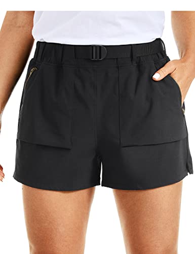 CRZ YOGA Damen Leicht Wandern Shorts mit Gürtel Sportshorts Kurze Hose Laufshorts mit Taschen - 7.6cm Schwarz 34 von CRZ YOGA