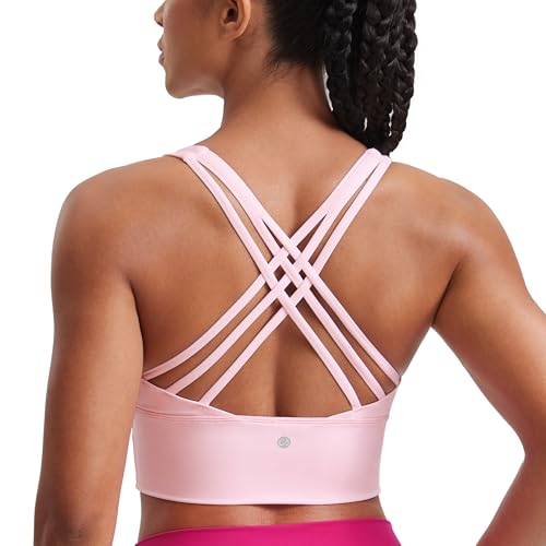 CRZ YOGA Damen Longline Sport-BH Ohne Bügel Gepolstert Bra Top Wirefree Padded Yoga Crop Tops Erdbeerrosa XS von CRZ YOGA