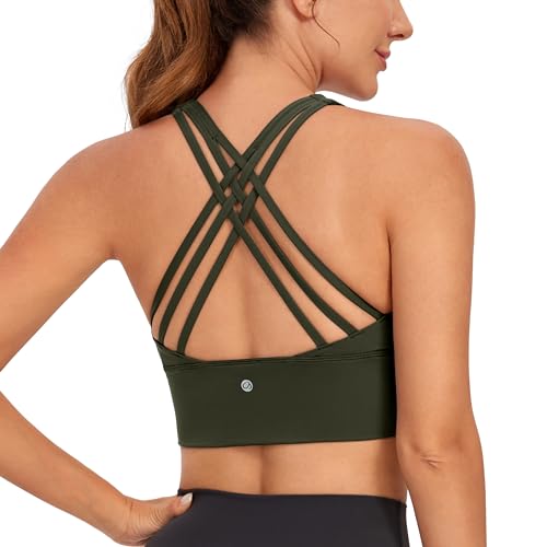 CRZ YOGA Damen Longline Sport-BH Ohne Bügel Gepolstert Bra Top Wirefree Padded Yoga Crop Tops Olivgrun L von CRZ YOGA