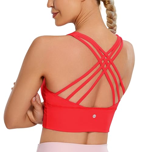 CRZ YOGA Damen Longline Sport-BH Ohne Bügel Gepolstert Bra Top Wirefree Padded Yoga Crop Tops Tiefrot XS von CRZ YOGA