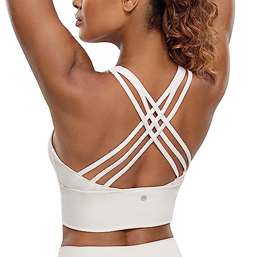 CRZ YOGA Damen Longline Sport-BH Ohne Bügel Gepolstert Bra Top Wirefree Padded Yoga Crop Tops Weiße Aprikose L von CRZ YOGA