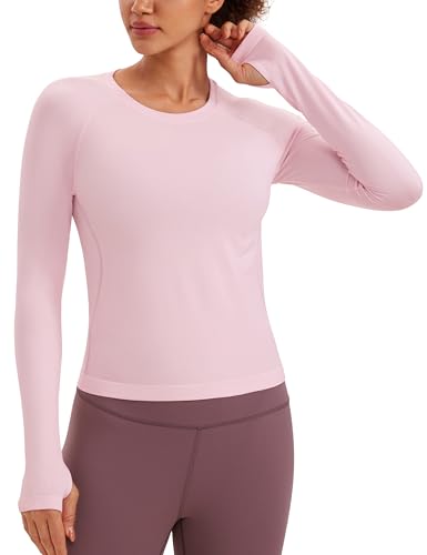 CRZ YOGA Damen Nahtlos Sport Langarmshirt mit Daumenloch Ribbed Laufshirt Gym Oberteil Tops Fitness Langarm Tshirt Erdbeerrosa 40 von CRZ YOGA