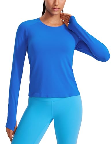 CRZ YOGA Damen Nahtlos Sport Langarmshirt mit Daumenloch Ribbed Laufshirt Gym Oberteil Tops Fitness Langarm Tshirt Funkelndes Blau 40 von CRZ YOGA