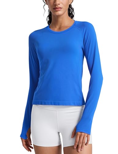CRZ YOGA Damen Nahtlos Sport Langarmshirt mit Daumenloch Ribbed Laufshirt Gym Oberteil Tops Fitness Langarm Tshirt Funkelndes Blau 42 von CRZ YOGA