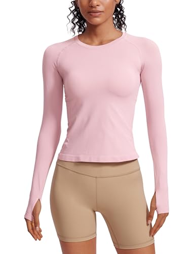 CRZ YOGA Damen Nahtlos Sport Langarmshirt mit Daumenloch Ribbed Laufshirt Gym Oberteil Tops Fitness Langarm Tshirt Graues Rosa 40 von CRZ YOGA