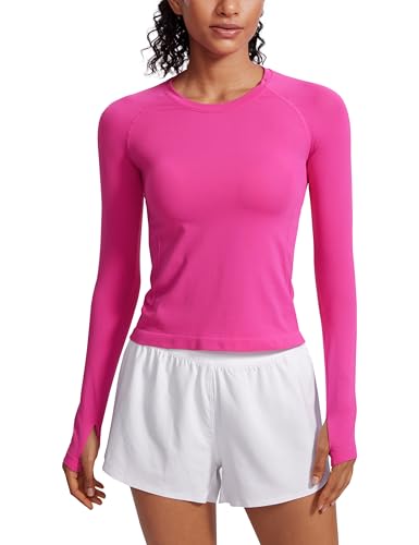 CRZ YOGA Damen Nahtlos Sport Langarmshirt mit Daumenloch Ribbed Laufshirt Gym Oberteil Tops Fitness Langarm Tshirt Hibiskus-Purpur 40 von CRZ YOGA