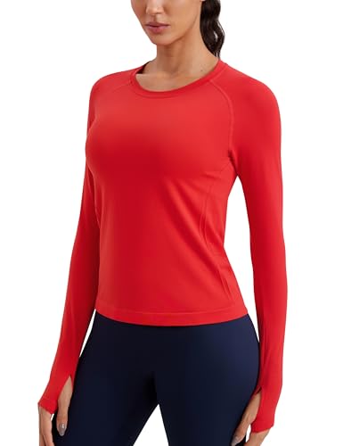 CRZ YOGA Damen Nahtlos Sport Langarmshirt mit Daumenloch Ribbed Laufshirt Gym Oberteil Tops Fitness Langarm Tshirt Tiefrot 38 von CRZ YOGA