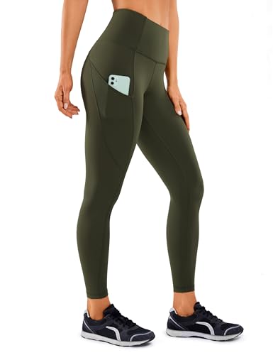 CRZ YOGA Damen Naked Feeling Sport Leggings mit Taschen High Waist Sporthose Gym Blickdicht Yogahose - 64cm Olivgrün 38 von CRZ YOGA