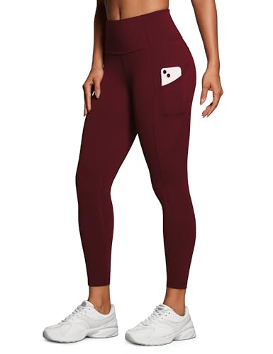 CRZ YOGA Damen Naked Feeling Sport Leggings mit Taschen High Waist Sporthose Gym Blickdicht Yogahose - 64cm Roter Merlot 44 von CRZ YOGA