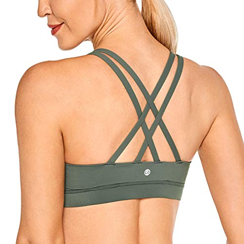 CRZ YOGA Damen Ohne Bügel Sport BH Gekreuzt Rücken Spaghetti Top Abnehmbare Pads Yoga Croptop Grauer Salbei S von CRZ YOGA