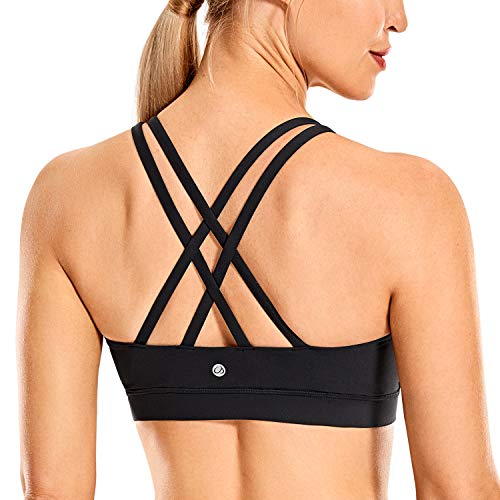 CRZ YOGA Damen Ohne Bügel Sport BH Gekreuzt Rücken Spaghetti Top Abnehmbare Pads Yoga Croptop Schwarz-Logo L von CRZ YOGA