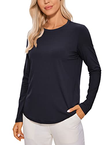 CRZ YOGA Damen Pima Baumwolle Yoga Langarmshirt Leichte Crew-Ausschnitt Sport Tshirt Lässig Pullover Fitness Oberteile Marine 36 von CRZ YOGA