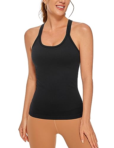 CRZ YOGA Damen Racerback Yoga Tank Top Gepolstert Ohne Bügel Sport Top Nahtlos Lang Tanktops Fitness Gym Oberteile Schwarz 42 von CRZ YOGA