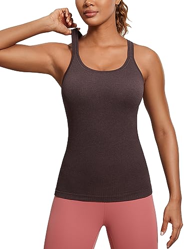 CRZ YOGA Damen Racerback Yoga Tank Top Gepolstert Ohne Bügel Sport Top Nahtlos Lang Tanktops Fitness Gym Oberteile Taupe 36 von CRZ YOGA