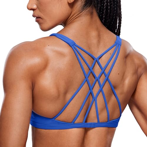 CRZ YOGA Damen Spaghetti Sport BH Gekreuzt Rücken Croptop Ohne Bügel Abnehmbare Gepolstert Yoga Bra Wellen Blau L von CRZ YOGA