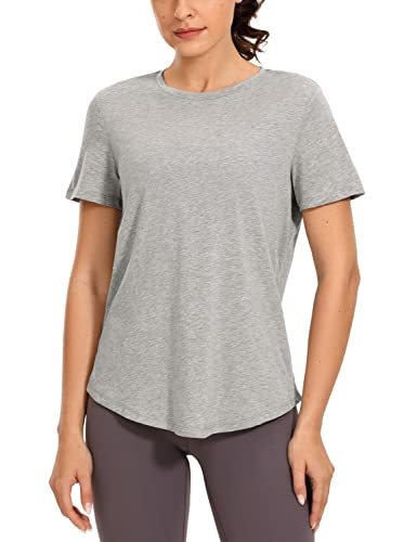 CRZ YOGA Damen Sport Kurzarm Top Sommer Leichte Yoga T-Shirt Crew Neck Atmungsaktiv Fitness Oberteile Heather Mittelgrau 36 von CRZ YOGA