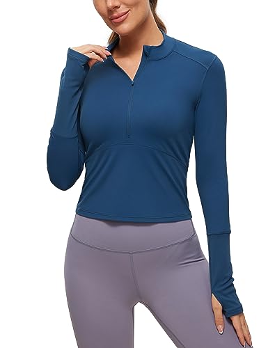 CRZ YOGA Damen Sport Langarmshirt 1/2 Reißverschluss Elastische Fitness Sportshirt Crop Gym Laufshirt mit Daumenloch FRANZÖSISCHE Marine 40 von CRZ YOGA