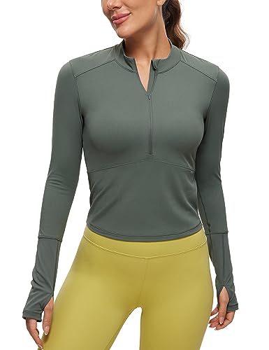 CRZ YOGA Damen Sport Langarmshirt 1/2 Reißverschluss Elastische Fitness Sportshirt Crop Gym Laufshirt mit Daumenloch Grauer Salbei 38 von CRZ YOGA