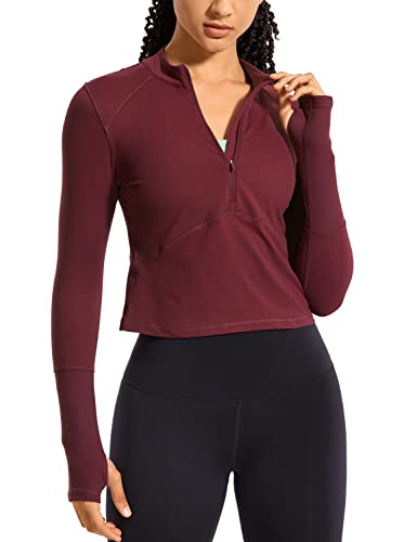 CRZ YOGA Damen Sport Langarmshirt 1/2 Reißverschluss Elastische Fitness Sportshirt Crop Gym Laufshirt mit Daumenloch Noctilucence rot 38 von CRZ YOGA