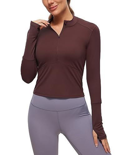 CRZ YOGA Damen Sport Langarmshirt 1/2 Reißverschluss Elastische Fitness Sportshirt Crop Gym Laufshirt mit Daumenloch Taupe 36 von CRZ YOGA