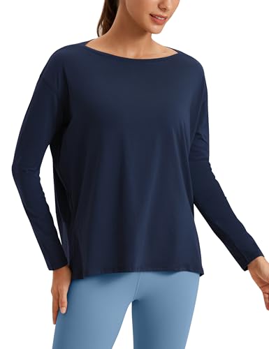 CRZ YOGA Damen Pima Baumwolle Sport Langarmshirt Fitness Yoga Langarm Leichte Shirt Longsleeve Lässig Oberteile Marine 42 von CRZ YOGA