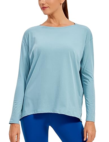 CRZ YOGA Damen Sport Langarmshirt Fitness Yoga Langarm Shirt Leichte Freizeit Longsleeve Baumwolle Oberteile Reines Blau 40 von CRZ YOGA