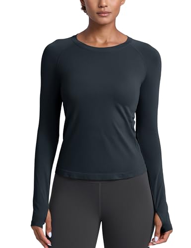 CRZ YOGA Damen Nahtlos Sport Langarmshirt mit Daumenloch Ribbed Laufshirt Gym Oberteil Tops Fitness Langarm Tshirt Echte Marine 44 von CRZ YOGA