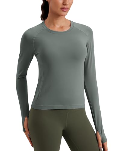 CRZ YOGA Damen Nahtlos Sport Langarmshirt mit Daumenloch Ribbed Laufshirt Gym Oberteil Tops Fitness Langarm Tshirt Grauer Salbei 40 von CRZ YOGA
