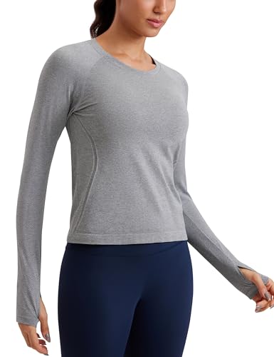 CRZ YOGA Damen Nahtlos Sport Langarmshirt mit Daumenloch Ribbed Laufshirt Gym Oberteil Tops Fitness Langarm Tshirt Schiefergrauer Mergel 40 von CRZ YOGA
