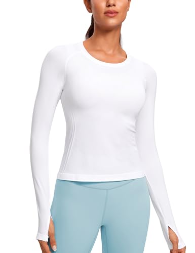 CRZ YOGA Damen Nahtlos Sport Langarmshirt mit Daumenloch Ribbed Laufshirt Gym Oberteil Tops Fitness Langarm Tshirt Weiss 34 von CRZ YOGA