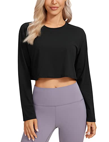 CRZ YOGA Damen Sport Langarmshirt Shirt Gym Fitness Longsleeve Crop Top Baumwolle Breathable Cropped Sweatshirt Schwarz 42 von CRZ YOGA