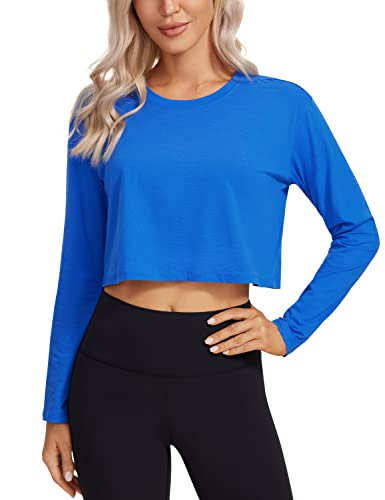 CRZ YOGA Damen Sport Langarmshirt Shirt Gym Fitness Longsleeve Crop Top Baumwolle Breathable Cropped Sweatshirt Starkes Blau 38 von CRZ YOGA