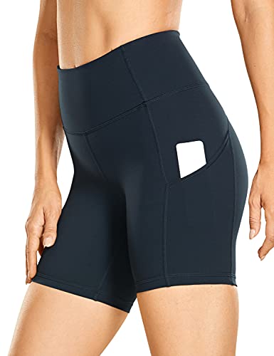 CRZ YOGA Damen Sport Radlerhose Blickdichte High Waist Biker Shorts Running Kurze Leggings mit Tasche - Naked Feeling Light - 15cm Echte Marine 42 von CRZ YOGA