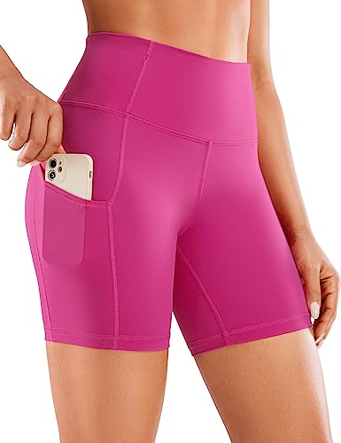 CRZ YOGA Damen Sport Radlerhose Blickdichte High Waist Biker Shorts Running Kurze Leggings mit Tasche - Naked Feeling Light - 15cm Hibiskus-Purpur 36 von CRZ YOGA