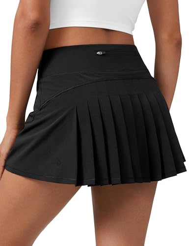 CRZ YOGA Damen Sport Rock Tennis Golf Skort Mini Pleated Skirt mit Innenhose Taschen Schwarz 40 von CRZ YOGA