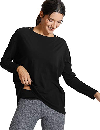 CRZ YOGA Damen Sport Langarmshirt Fitness Yoga Langarm Shirt Leichte Freizeit Longsleeve Baumwolle Oberteile Schwarz 44 von CRZ YOGA