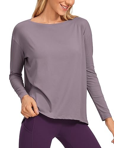 CRZ YOGA Damen Sport Langarmshirt Fitness Yoga Langarm Shirt Leichte Freizeit Longsleeve Baumwolle Oberteile lila grau 40 von CRZ YOGA